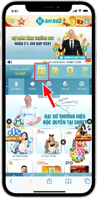 Bước 1: Tại trang chủ chọn NẠP TIỀN